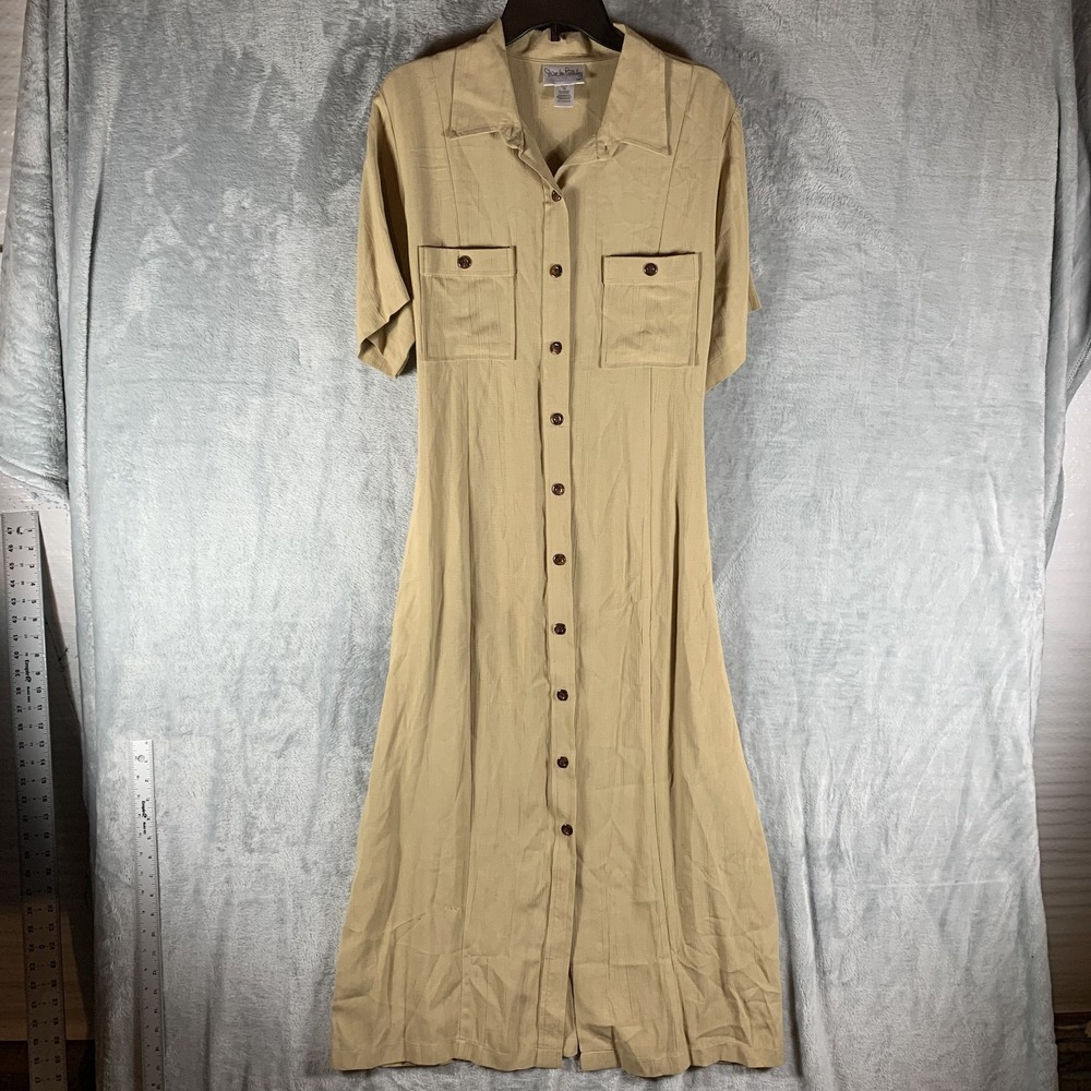 VTG Diane Von Furstenberg Shirt Dress 1X Buttons Collar‎ Safari Tie Waist Tan